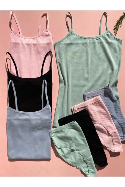 Corded, Cotton, Lycra, 4-Piece Black, Green, Pink, Blue Women's Rope Strap Tank Top and Panties Set