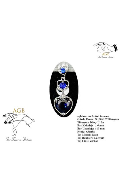 "AGB" Parıltı Kalp Taşlı Titanyum Gövdeli(Barlı) Zincirleme Kalp Figürlü Aksesuarlı Göbek Piercing (Single, Lower)