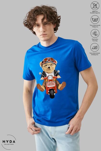 Unisex Crew Neck Motor Teddy Bear Printed Cotton Oversize Short Sleeve T-Shirt