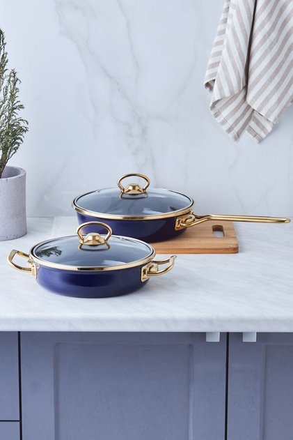 Piraye 2-Piece Enamel Pan and Saucepan Set with Lids, Dark Blue