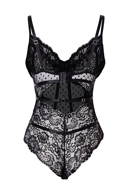 Trendyolmilla Siyah Dantelli İp Askılı Çıtçıtlı Örme Body