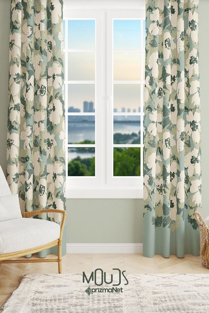 Green Floral Patterned Suede Living Room Hall Background Curtain Printed Extrafoam Drawstring 2 Wings Prd-1037
