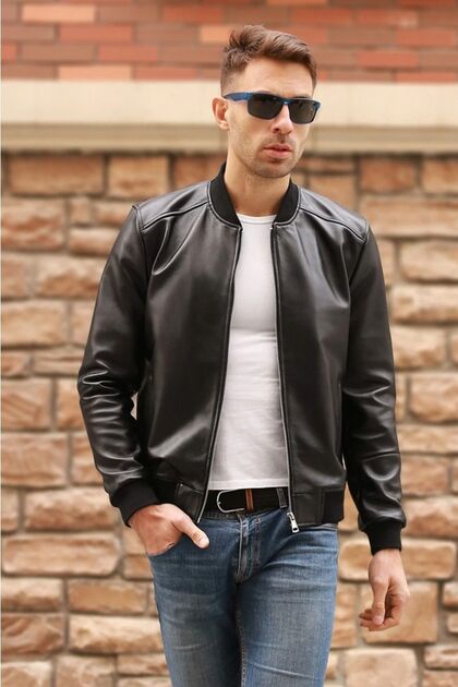 Italıa 1987 Genuine Leather Men's College Style Black Leather Jacket