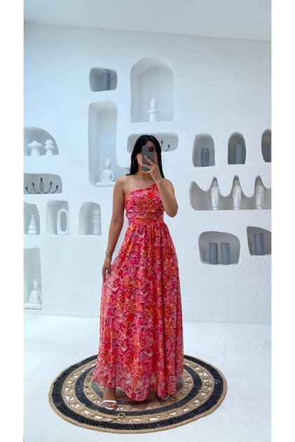 Pink One Shoulder Floral Lined Chiffon Women's Dress