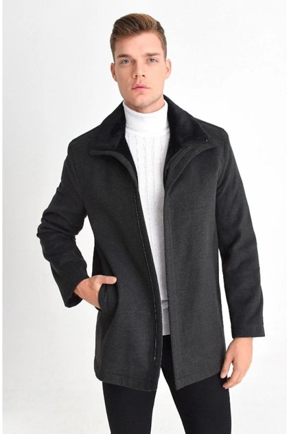 Men's Anthracite Wool Blend Double Collar Furry Coat with Zipper on the Front and Quilted Lining on the Inside