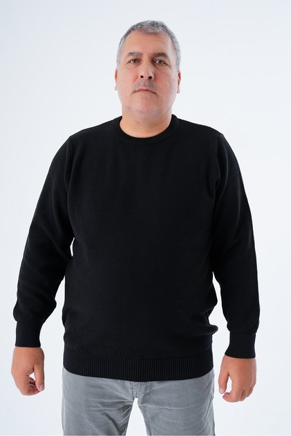 Large Size Men's Black Crew Neck Rice Knit 100% Cotton Knitwear Sweater Trist-2112