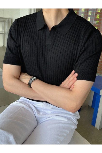 Black Slim Tight Polo Neck Plain Knitwear T-Shirt