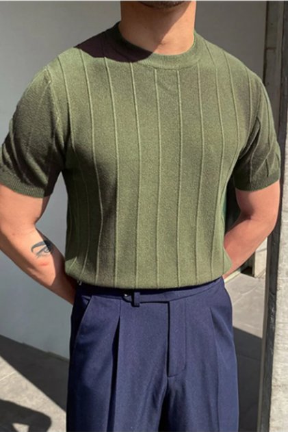 Khaki Slim Tight Crew Neck Plain Knitwear T-Shirt