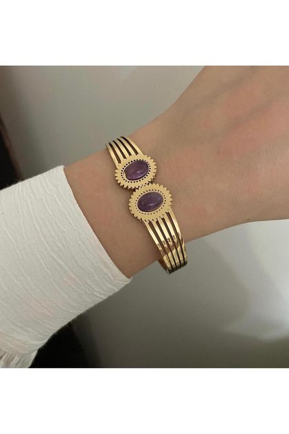 Çelik Kelepçe Mor Taşlı Gold Renk