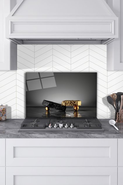 Gold Black Balance Glass Stove Back Protector, Kitchen Built-In and Countertop Protection, Tempered and Rated