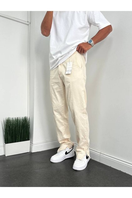 Men's Baggy Cut Linen Zippered Trousers with Piece Detail