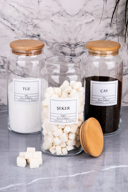3-Piece Vacuum Tea&Candy&Salt Jar with Wooden Lid 1300ml Storage Container
