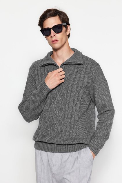 Grauer, normaler, halber Rollkragenpullover aus gestricktem Strickpullover TMNAW24KZ00047