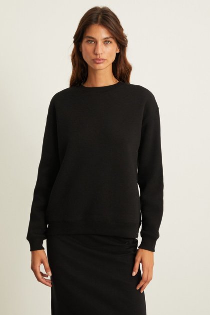 VİLİ Kadın İçi Polarlı Oversize Fit Basic Bisiklet Yaka Uzun Kollu Siyah Sweatshirt