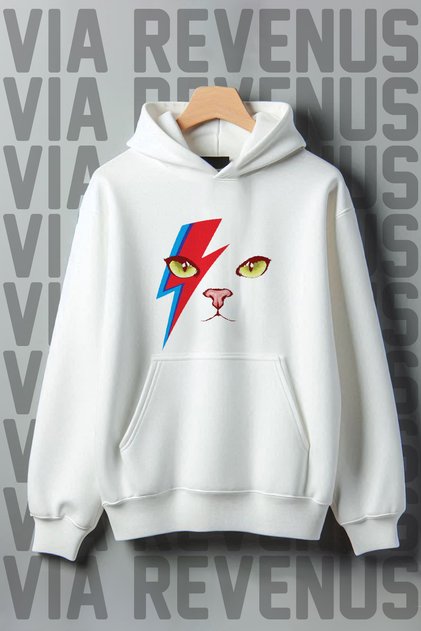 Cat Printed Kangaroo Pocket 3 Thread Threaded Wide Fit White Hooded Sweatshirt