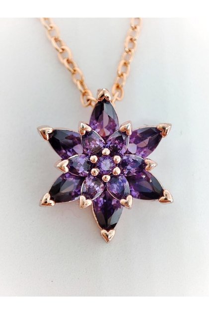Kadın Rose Gold Zincir Kaplama Zirkon Taşlı Mor Lotus Çiçeği Kolye
