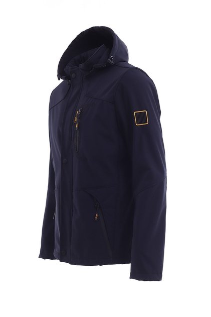 Men's Navy Blue Hooded Outdoor Water and Windproof Softshell Sports Coat