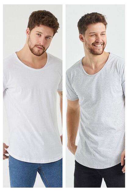 Men's White-gray Oval Skirt Wide Collar 100% Cotton Short Sleeve T-Shirt