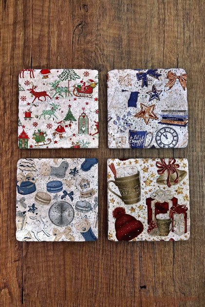 Natural Stone Coasters New Year - Christmas UV Printed Set of 4 -Christimas Stone Coasters