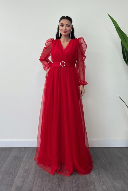 Rochie maxi din tul, cu guler petrecut, roșu