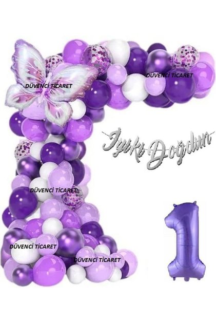 LÜKS MOR KELEBEK FOLYOLU GÜMÜŞ RAKAM YAŞ BALON ZİNCİR SET