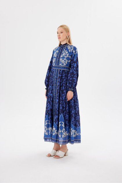 Navy Blue Jasmine Patterned Voile Brit Dress