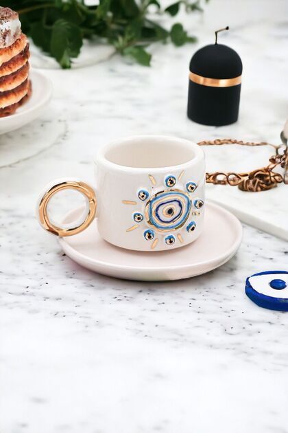 Nazar Series Large Evil Eye Bead Patterned 24k Gold Detailed Turkish Coffee Cup and Saucer