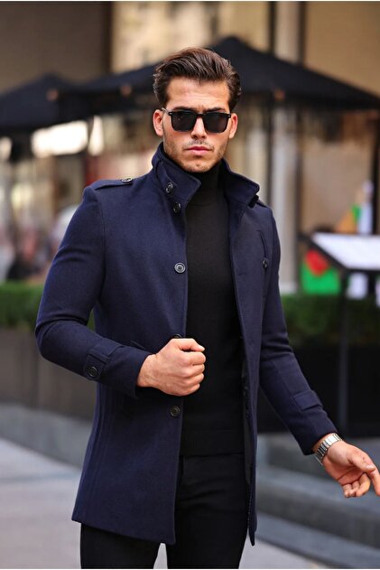 Navy Blue Men's Stand Collar Pea Coat Men's Churchill Peacoat