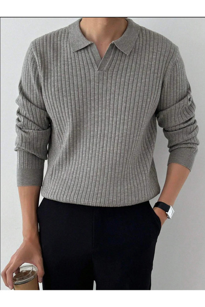 Men's Gray Slim Fit Plain Polo Neck Knitwear Sweater