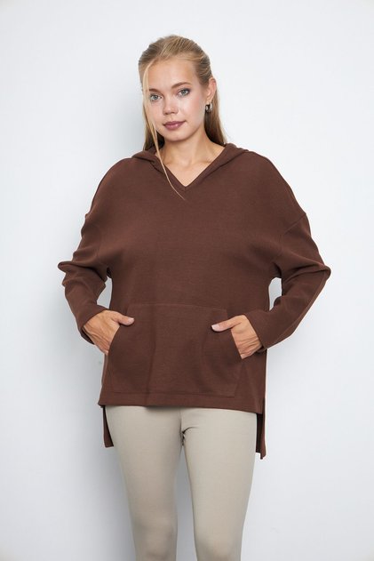 Women's V-Neck Hooded Oversize Sweatshirt with Kangaroo Pocket and Slits
