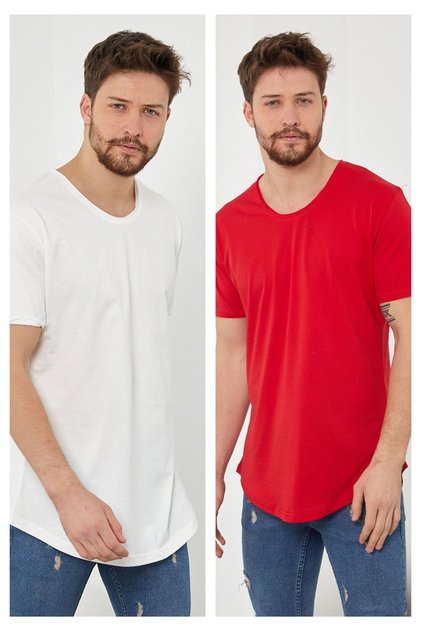 Men's Off-White-red Oval Skirt Wide Collar 100% Cotton Short Sleeve T-Shirt
