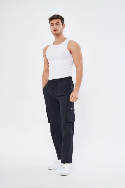 Pantaloni pentru bărbați, țesătură de parașută din Lycra, buzunare cargo, croială obișnuită, picioare și talie elastică