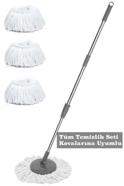 Sap Ve 3 Yedek Mop Paslanmaz Metal Tüm Temizlik Seti Kovalarına Uyumlu
