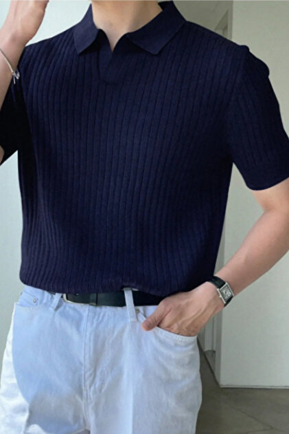 BLUE STREET Lacivert Slim Dar Polo Yaka Düz Triko T-Shirt - Fiyatı