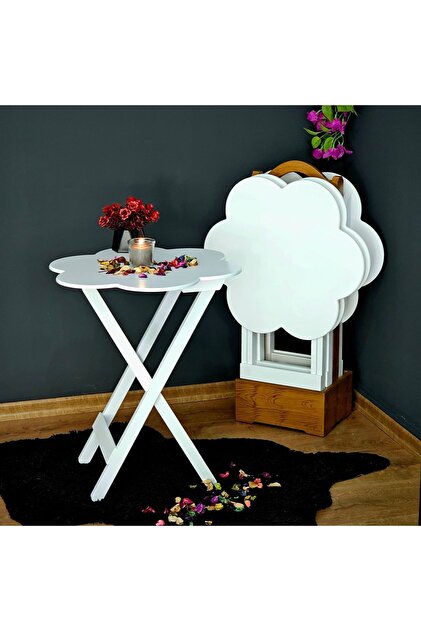Çanta Sehpa Çiçek Model Ahşap MDF Dekoratif 4 lü Beyaz Lake ve Rustik Kahverengi Eskitme Zigon