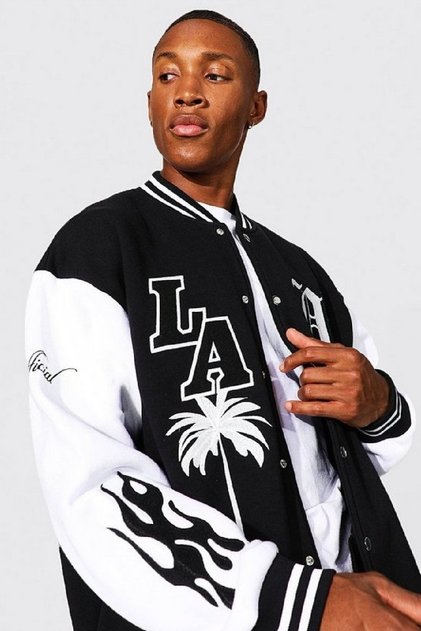 Unisex Oversize Siyah Los Angeles Nakiş Işlemeli Bomber Kolej Ceket