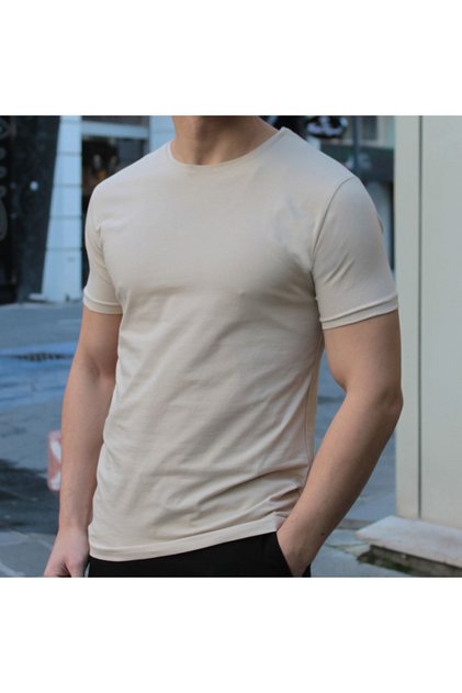 Tricou pentru bărbați, bej, cu decolteu rotund, slim fit
