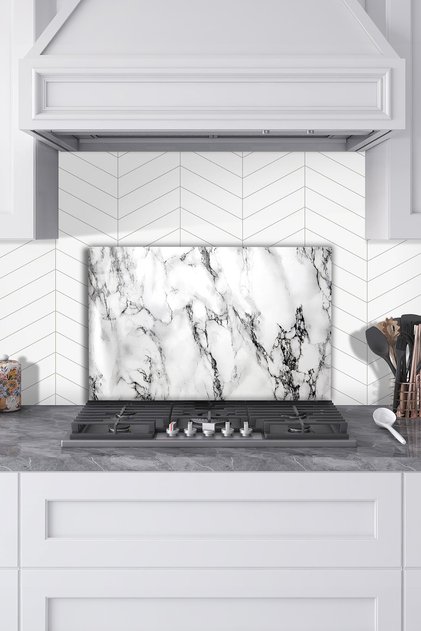 Marble Look Glass Stove Back Protector, Kitchen Built-In and Countertop Guard, Tempered and Rated