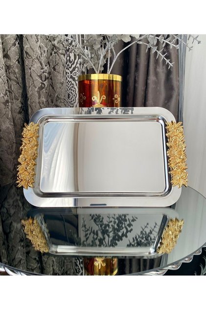 1 Piece Single Coffee & Tea & Presentation Rectangular Large Presentation Tray Steel Rose Model Gold 30 cm