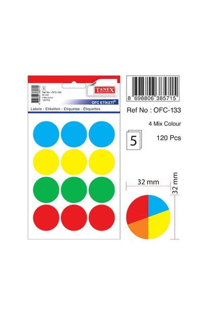Tanex Ofc-133 Çıkartma Etiket 32 Mm Çaplı (beyaz 240 - Renkliler 120 Li Paket) - 1
