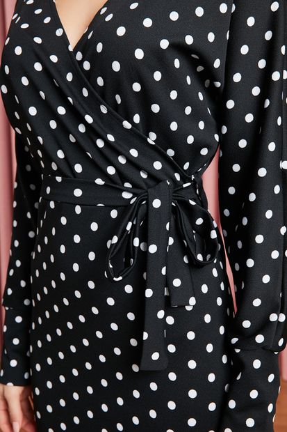 Sateen Kadın Siyah Puanlı Kruvaze Midi Desenli Elbise - 3