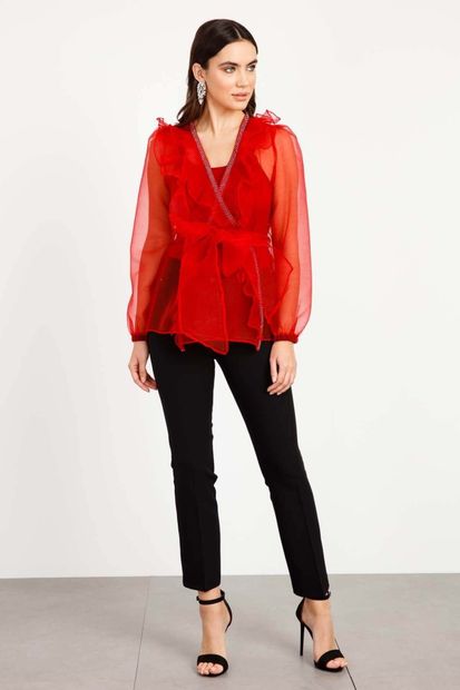 Moda İlgi Kadın Kırmızı Volanlı Şeritli Bluz - 1