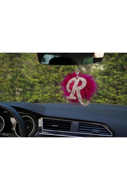 I Silver Stone Rearview Mirror Pendant Ornament Pink Feathered Letter R