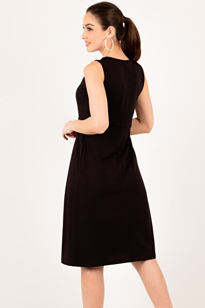armonika Kadın Siyah Kolsuz Cepli Midi Boy Elbise ARM-19Y001023 - 4