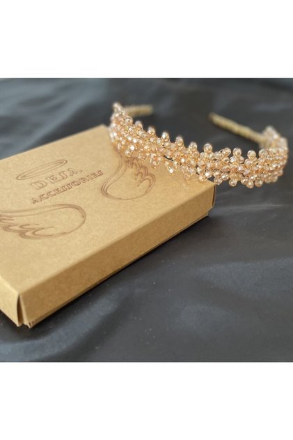 Gold Kristal Taşlı Taç, Nişan Düğün Saç Aksesuarı