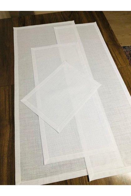 4 Parça Linen Kumaş Işlemelik Salon Takımı Beyaz Renk