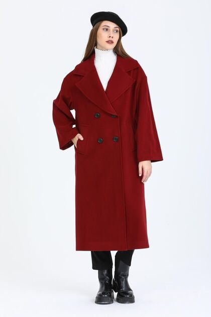 Kadın Bordo Düğmeli Oversize Düğmeli Kaban