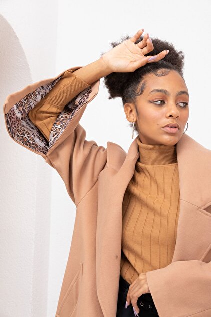 Pitti Kadın Camel Leopar Astarlı Kaşe Kolları Fermuarlı Kuşaklı