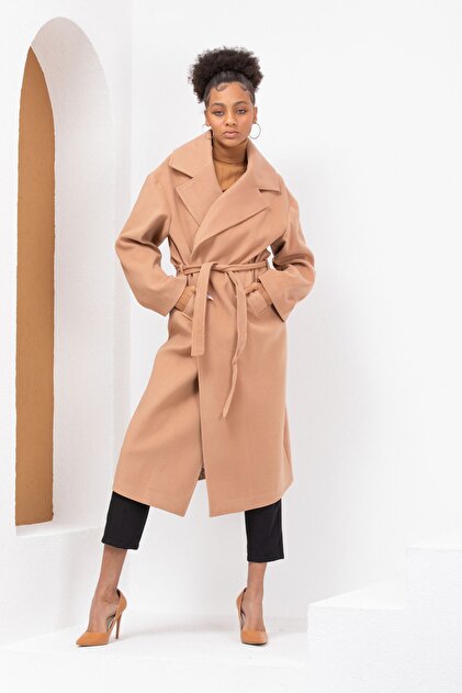 Pitti Kadın Camel Leopar Astarlı Kaşe Kolları Fermuarlı Kuşaklı