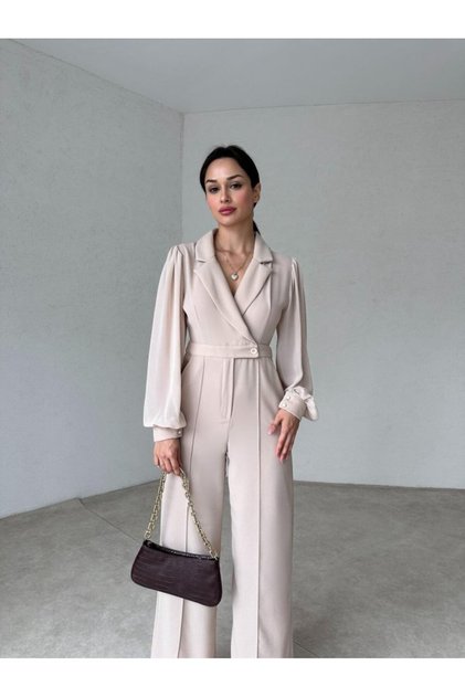 Cream Colored Tulle Sleeves Double Breasted Collar Women's Jumpsuit